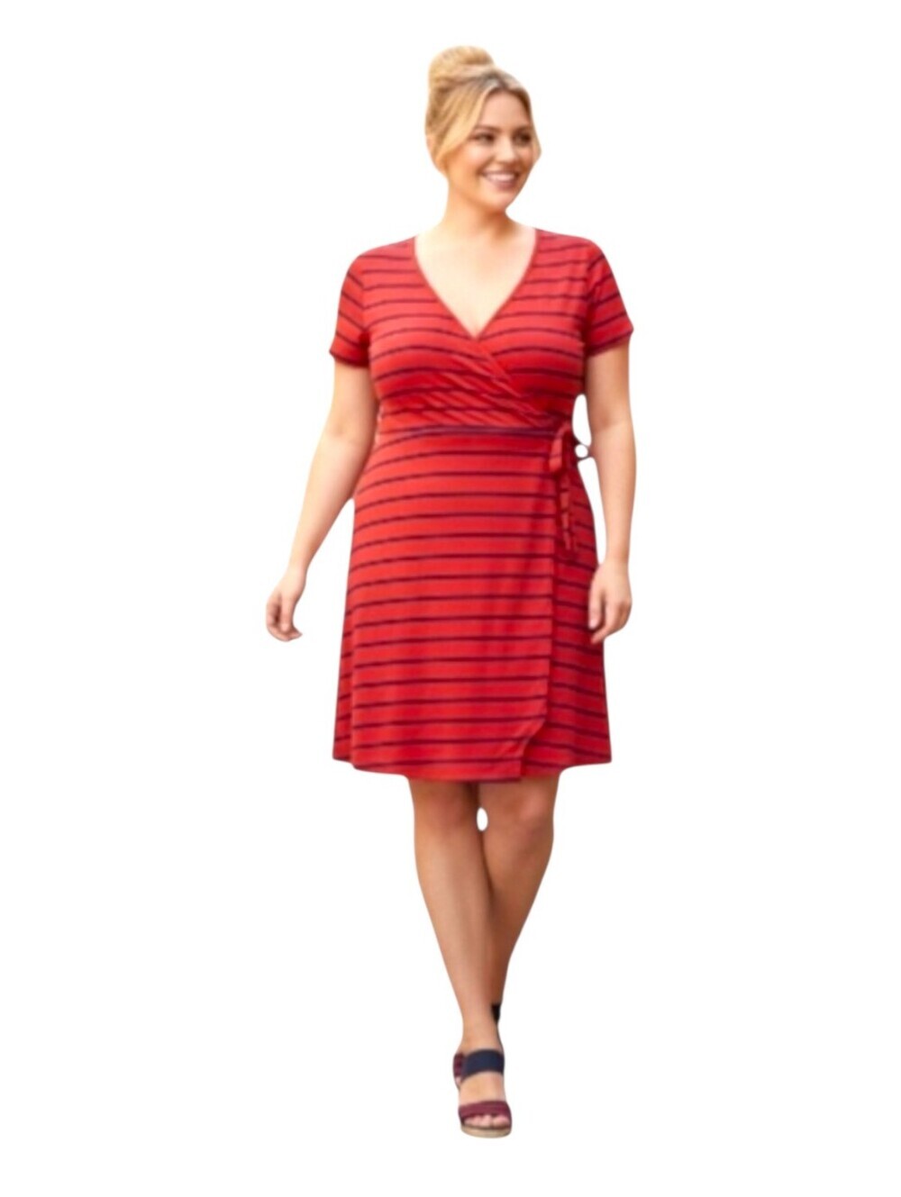 Torrid 2X red stripe wrap dress tie waist v-neck midi skater dress NWT